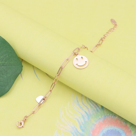 "Rose Gold Smiley Charm Bracelet with Heart Dangles, XPBL1149 - Picture 5 of 12